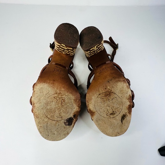 Tory Burch LAYCE Almond Woven Canvas Leather Heel Sandals - Size 6.5 - Picture 7 of 7